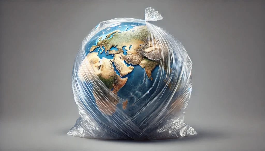 La Terre enveloppée dans un sac en plastique, symbolisant la crise environnementale mondiale causée par la pollution plastique.