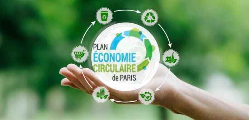 Circular Economy Plan of Paris: A hand holding a symbol representing Paris's Circular Economy Plan, surrounded by icons for recycling, eco-friendly buildings, waste reduction, and sustainable shopping, highlighting the city’s commitment to sustainability.