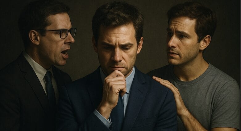 Un hombre con traje luce pensativo, atrapado entre dos versiones de sí mismo: una con traje formal gritándole, y otra con ropa informal ofreciéndole apoyo.