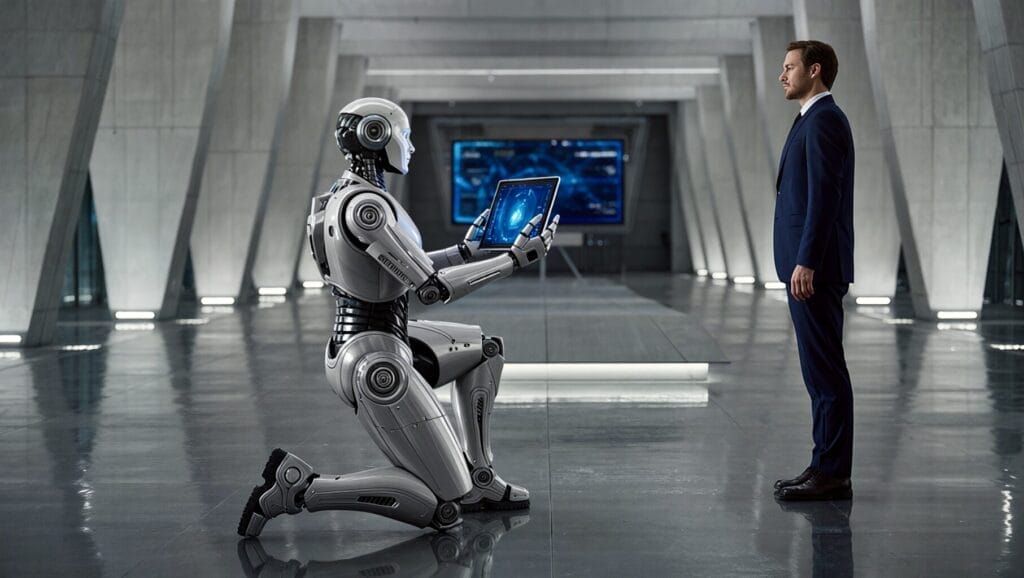 A humanoid robot kneeling and presenting a glowing digital tablet to a man in a business suit, inside a futuristic high-tech facility.